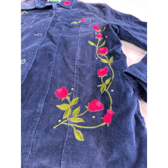 Vintage Quacker Factory Womens S Blue Velvet Jacket Rose Embroidered Sparkle QVC - Picture 3 of 11